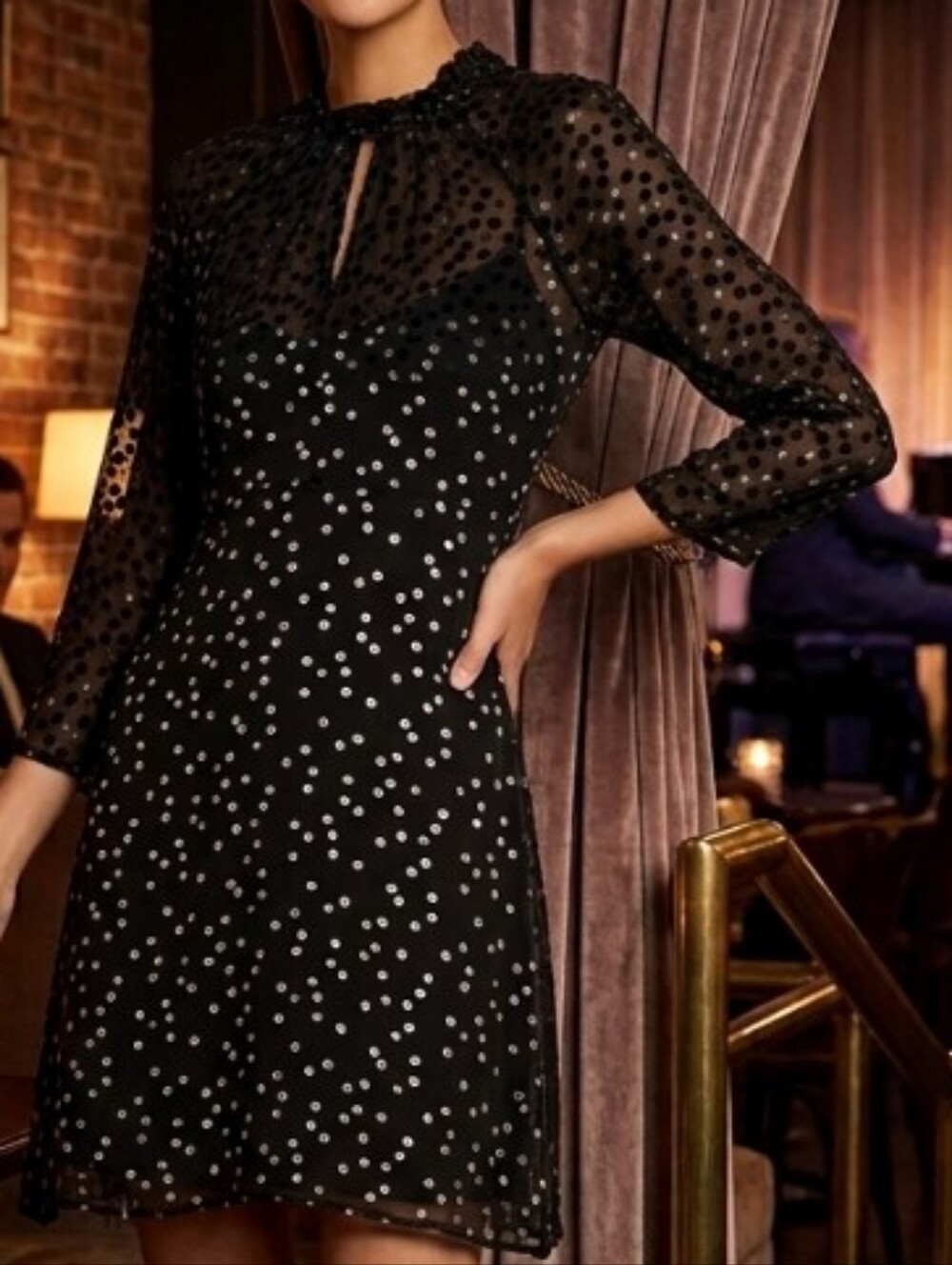 Rebecca Taylor Velvet Dot Silk Chiffon Mock Neck Dress Black 0